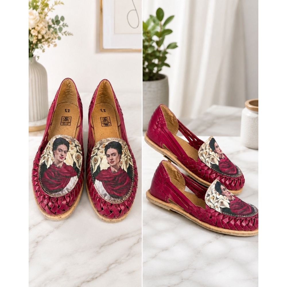 Frida Kahlo Artisan Huarache Flats Woven Leather Boho Mexican Shoes Sz 5.5